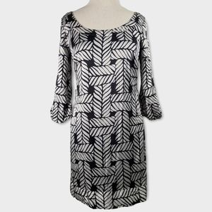 WHBM Black & White Braided Woven Geometric Print Balloon Sleeve Dress Size Small
